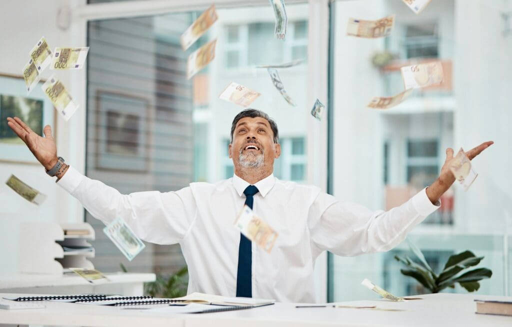 Happy senior businessman, money rain and celebration for financial freedom, lottery or salary at of